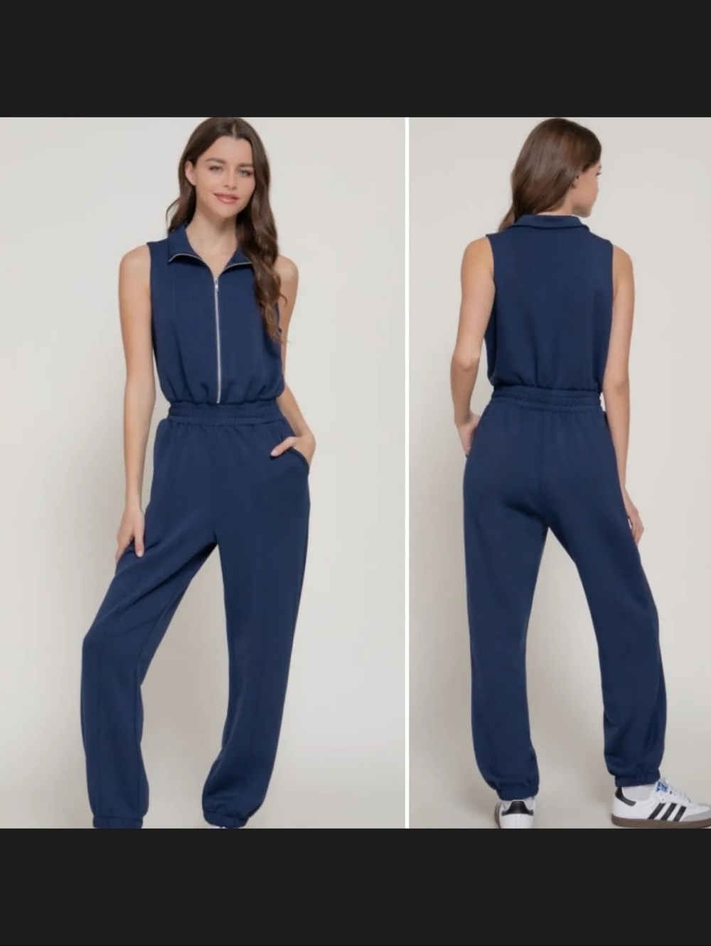 Boutique Active USA Sleeveless Navy Blue Zip-Front Jumpsuit Small NWT Scuba